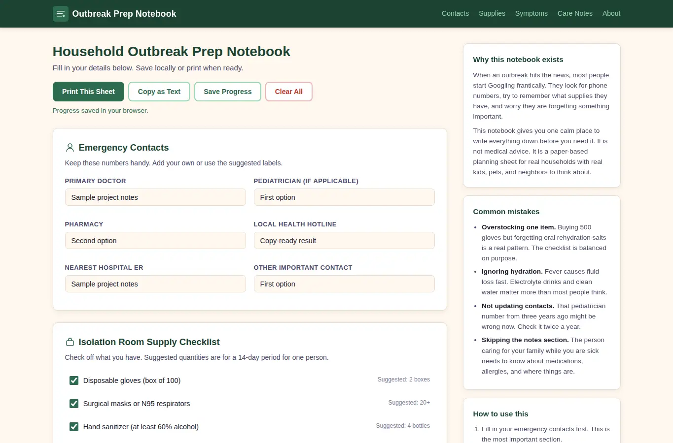 Screenshot of Household Outbreak Prep Notebook interface showing the project page in use